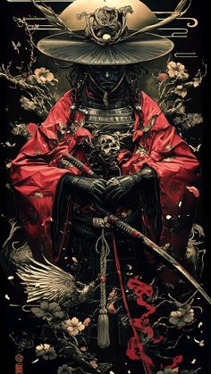 an image of a samurai with two swords and skulls on his chest, sitting in front of