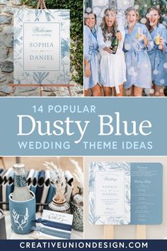 blue wedding theme with text that reads,'14 popular dusty blue wedding theme ideas