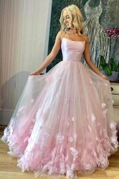 Dinner Dresses, Prom Dresses Elegant, Dress With Flowers, Spaghetti Strap Prom Dress, Pink Prom, Cute Prom Dresses, Pretty Prom Dresses, A Line Prom Dresses, Pink Prom Dresses