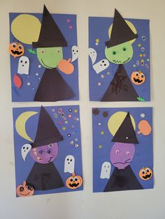 four pieces of paper that have been cut out to look like witches and pumpkins