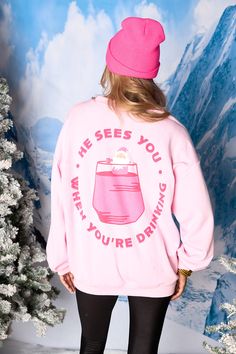 BuddyLove Vickie Graphic Sweatshirt - Sippin Santa Pink Graphics, Boho Long Sleeve Top, Image Overlay, Buddy Love, Santa Sweatshirt, Sweatshirt Fits, Label Christmas, Apple Coloring, Christmas Graphic