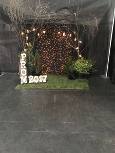 a stage set up for a wedding with lights and greenery on the side, surrounded by black backdrop