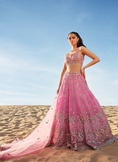 Pink Mirror Embroidered Organza Lehenga – Lashkaraa