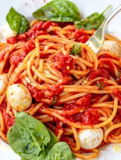 a plate full of spaghetti with basil and mozzarella sauce on the side, ready to be eaten