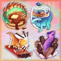 four stickers with different types of food and animals on them, including an ice cream sundae