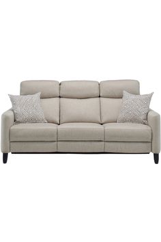 a beige couch with two pillows on it and one pillow in the middle, against a white background