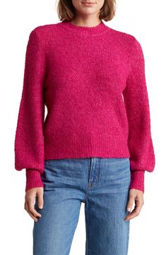 An abbreviated hem adds on-trend appeal to a balloon-sleeve sweater that's knit with a ribbed texture for added dimension. 20" length Crewneck Long sleeves 60% polyester, 36% acrylic, 4% spandex Machine wash, dry flat Imported Stretch Puff Sleeve Sweater For Fall, Casual Winter Sweater With Blouson Sleeves, Pink Puff Sleeve Tops For Fall, Puff Sleeve Ribbed Sweater For Fall, Trendy Puff Sleeve Knit Top For Fall, Pink Tops With Ribbed Cuffs For Fall, Ribbed Puff Sleeve Sweater For Fall, Trendy Balloon Sleeve Sweater For Fall, Winter Crew Neck Tops With Blouson Sleeves