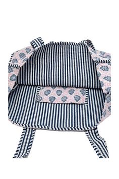 a blue and white striped chair with a bow tie around it's neck on a white background