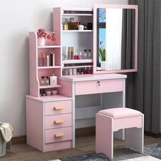 a pink and white desk with a mirror, stool and shelf in front of it