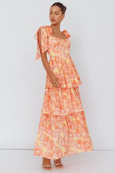 orange floral dress Off Shoulder Strap Dress, Dresses Under $100, Pink And Orange Family Pictures, Maxi Sun Dresses, Orange Garden Party Dress, Spring Long Dress, Pink And Orange Floral Dress, Dresses For School Dances, Pink And Orange Dress