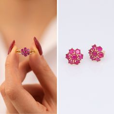 "This 14k Gold Ruby Hexagon Flower Ring will look great on you no matter what you wear! Thanks to its dainty and minimalist design, you'll never want to take it off once you wear! Treat yourself with such beautiful ring as well as being protected by the incredible benefits of Ruby gemstone! ‣ Please choose \".... US (your ring size) + Earrings\" option from variations if you want to purchase as a ring and earrings set. If you choose only ring size, you will only recieve the ring, not the earring Honeycomb Ring, Gold Ruby Necklace, Ruby Necklace, Ruby Earrings, July Birthstone, Ruby Gemstone, Flower Ring, Handmade Ring, Bridesmaid Gifts