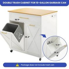 an image of a kitchen cart with drawers and trash cans on it's sides