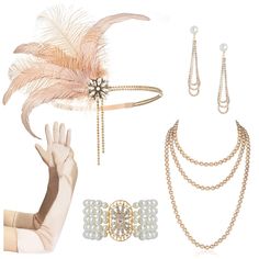 PRICES MAY VARY. Champagne Gold 1920s flapper set Includes: Pink gatsby headpiece 1pc,70'' pearl necklace 1 pack, 4-strand bead bracelet 1 pc, costume gloves 1 pair, art dero earrings 1 pair. What you see is what you get. Flapper headband: High quality shiny crystal with elastic ribbon,good for theme party, wedding and also daily wear. All of the items are one size that fits most adults Great Gatsby Accessories:70" Pearl Necklace:Timeless classic style,knotted in between each pearl. The imitatio Elegant Gold Costume Accessories For Party, Elegant Adjustable Jewelry For Costume Party, Adjustable Gatsby Style Hat Headpiece, Fitted Flapper Headpieces For Costume Party, Adjustable Flapper Headpieces For Party, Gold Gatsby Style Jewelry Gift, Gold Gatsby Style Party Jewelry, 20s Headpiece, Great Gatsby Accessories