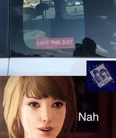 an image of the back window of a car that says save the bay, nah