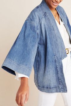 Rent Denim Bell Sleeve Jacket from Nuuly. Pick 6 items for $98/month. Free shipping + returns. Denim Kimono, Chic Over 50, Quoi Porter, Upcycled Clothes, Duster Jacket, Jean Jacket Women, Design Clothes, Womens Kimono, Knit Blazer