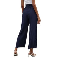 Navy Blue High Waist Cropped Pants with Tie Spring Navy Pants With Elastic Waistband, Navy High Waist Casual Pants, Casual High Waist Navy Pants, Casual Navy Bottoms For Spring, Casual Navy Wide-leg Pants, Blue Wide Leg Bottoms For Day Out, Navy Wide Leg Bottoms For Spring, Navy Ankle-length Casual Pants, Chic Blue Pants With Elastic Waistband