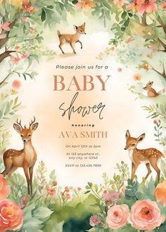 a baby shower is shown with deer and flowers in the background, as well as pink roses