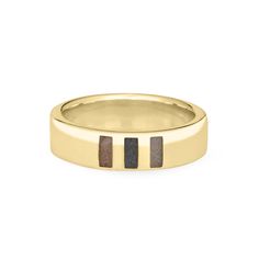 Front view of Close By Me's Simple Band Three Setting Cremation Ring in 14K Yellow Gold against a solid white background. Ash Ring, Missing Them, Pet Cremation Jewelry, Chevron Jewelry, Cremation Ring, Chevron Earrings, Memorial Ring, Chevron Bracelet, Simple Band