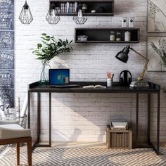 a home office with white brick walls and black desk, bookshelves on the wall