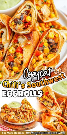 an advertisement for chili's southwest eggrolls with corn and other toppings