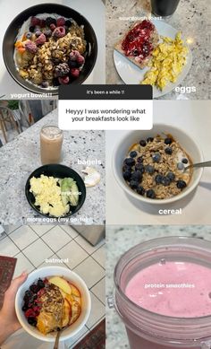 there are many different pictures of breakfast foods in the same bowl and on the table