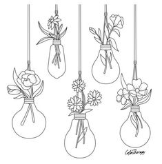 four vases with flowers hanging from the ceiling, one is drawn in black and white