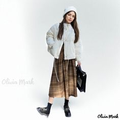 Olivia Mark - Designer High-Waisted Plaid Midi Skirt with Retro Check Pattern and Umbrella Cut Casual White Skirt For Winter, Casual White Skirt For Fall, White Winter Skirt For Day Out, Plaid Midi Skirt, Fashion Umbrella, Umbrella Skirt, Skirts Midi High Waisted, Printed Midi Skirt, Grid Pattern