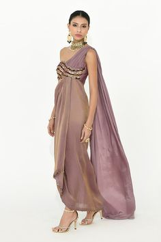 Mauve purple one shoulder draped dress with sequin and thread embroidery. - Aza Fashions One Shoulder Drape Dress, Mauve Purple, Thread Embroidery, Draped Dress, Embroidered Silk, Dress For Women, Dress Pattern, Aza Fashion, Shoulder Sleeve