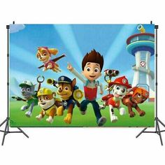 the cartoon character paw patrol is on display in front of a backdrop with other characters