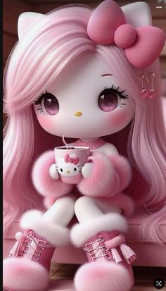 a pink kitty doll sitting on top of a wooden floor holding a coffee cup in her hand