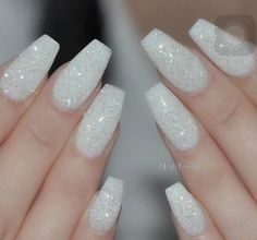 White Sparkly Acrylic Nails, White Sparkly Nails, Sparkly Acrylic Nails, White Gel Nails, Glitter Nails Acrylic, Christmas Gel