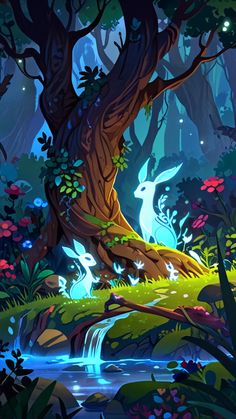 an animated forest scene with trees, stream and rabbits in the woods at night time