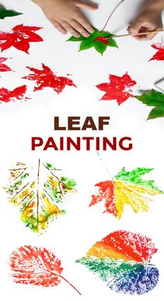 leaf painting is an easy art activity for kids to do with their hands and fingers