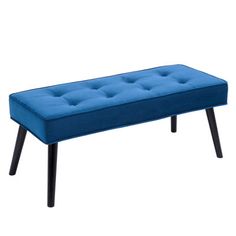 a blue bench with black legs on a white background