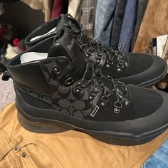 Brand New Men’s Boots By Coach Black Leather Coach Boots, Coach Leather Lace-up Boots, Coach Lace-up Leather Boots, Black Leather Boots With Boost Midsole, Designer Black Low-top Boots, Coach Black Leather Sneakers, Black Leather Coach Sneakers, Coach Shoes Outfit, Black Boots Men