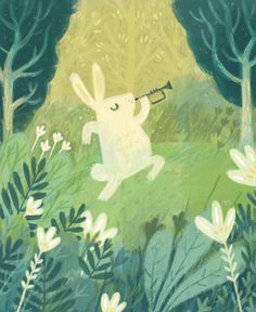 a painting of a rabbit playing trumpet in the woods