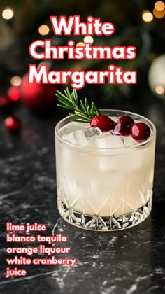 White Christmas Margarita White Christmas Cranberry Margarita, White Tequila Drinks, Drinks With White Cranberry Juice, Winter White Margarita, Alcoholic Punch Recipes Tequila, Yummy Christmas Cocktails, Winter Margarita Recipe Holiday Drinks, Coconut Margarita Christmas, White Tequila Cocktails