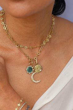 18k Yellow Gold artifact coin in teal patina with pointed sunburst halo in 0.42 CT. round white brilliant diamonds. Measures 24mmx20mm Witchy Whimsical, Gold Paperclip Necklace, Paperclip Necklace, Wrap Bangles, Whimsical Jewelry, Gold Circle, Beaded Cuff, Enamel Bracelet, Hippie Jewelry