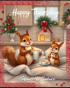 a happy thanksgiving card with two squirrels having coffee