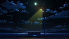 a bench under a street light at night with the moon in the sky behind it