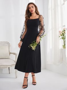 Farewell Dresses, Square Neckline Dress, Modest Formal Dresses, Formal Dresses With Sleeves, Black Dress Formal, Black Bridesmaid Dresses, Aline Dress, Maxi Slip Dress