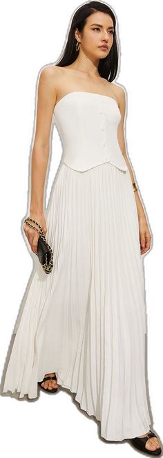 Elegant Pleated Sleeveless Summer Dress, Formal Strapless Sleeveless Summer Dress, Strapless Summer Dresses For Work, Strapless Summer Workwear Dresses, Sleeveless Formal Dress For Summer, Strapless Pleated Skirt Dress, Sleeveless Dress For Summer Formals, Sleeveless Dress For Formal Summer Events, Chic Pleated Sleeveless Dress For Daywear