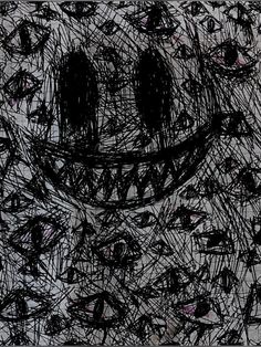 a black and white drawing of a smiley face