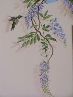 a painting of a hummingbird on a branch with purple flowers and green leaves hanging from it's side