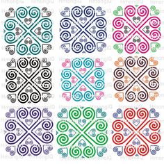 four different colored designs with swirls in the middle and one has an intricate design on it