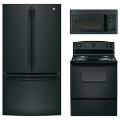 a black refrigerator, stove and microwave are next to each other on a white background