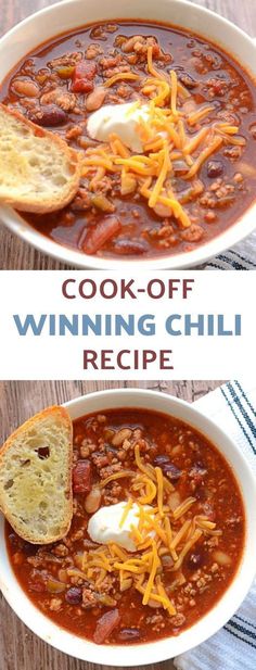 two bowls filled with chili and cheese on top of a wooden table in front of the words, cook - off winning chili recipe