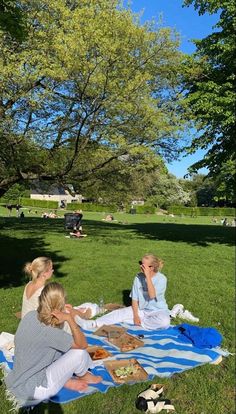 three people sitting on a blanket in the grass