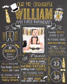 a chalk board with an image of a baby's first birthday