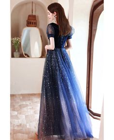 Buy modest navy blue aline party occasion dress with bling sequins sleeves at wholesale price online. Free shipping and pro custom service since 2009. Starry Night Gown Prom Dresses, Galadriel Outfit, Starry Night Gown, Flowy Prom Dresses, Owl Dress, Prom Dress Inspo, Sequin Sleeve, Theme Dress, Canvas Designs